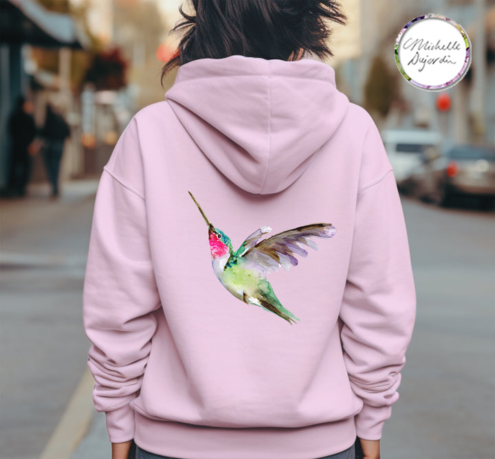 Summer hoodie with tropical hummingbird graphic by Michelle Dujardin