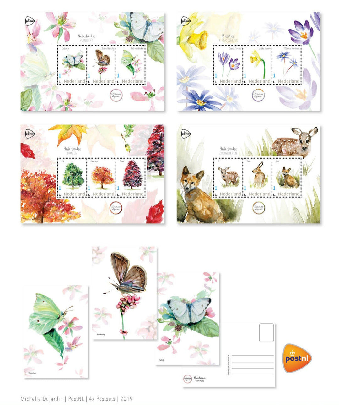 Overzicht van postzegelvellen van Michelle Dujardin in de serie Beleef de Natuur