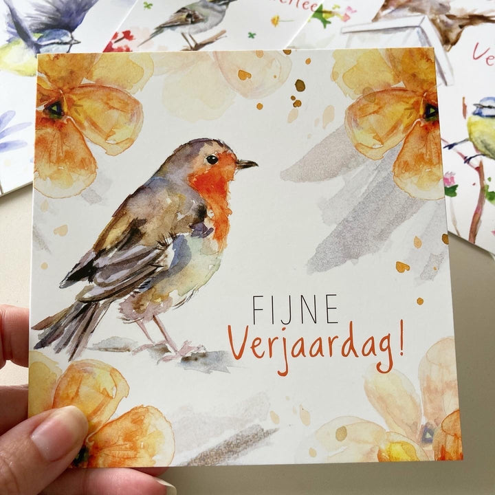 Verjaardagskaart met roodborst illustratie van Michelle Dujardin