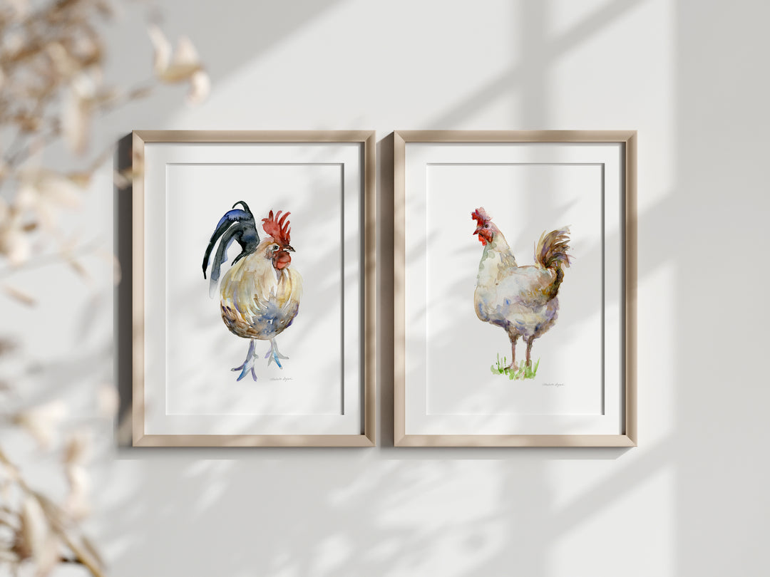 two frames chicken and rooster farm animal art prints