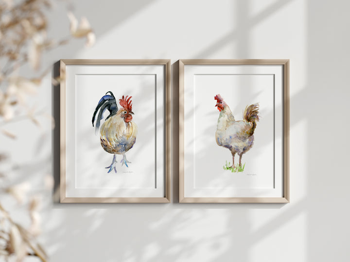 two frames chicken and rooster farm animal art prints