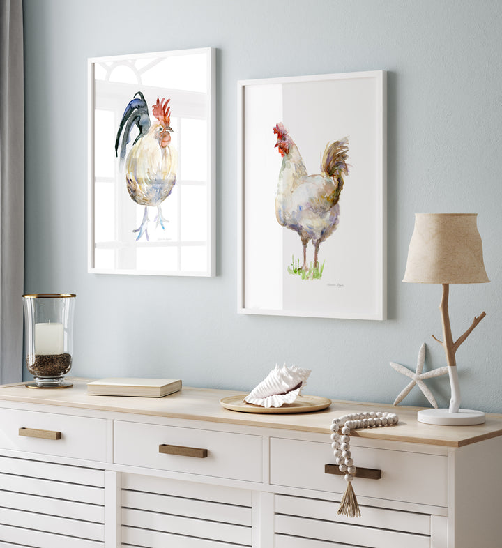 Modern interior with rooster and chicken art prints on the wall