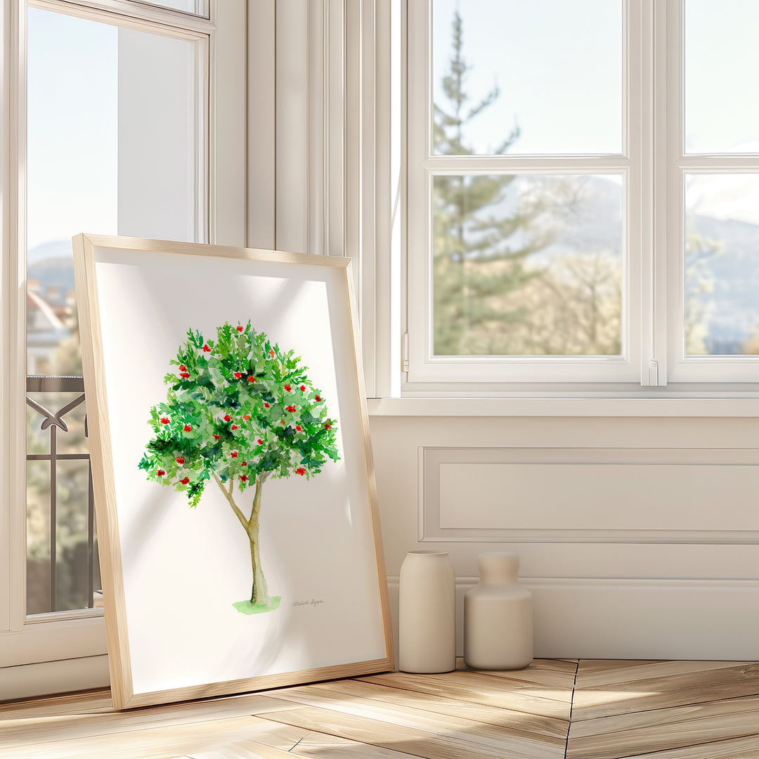 Framed artwork of a tree with red berry in a room by MICHELLE DUJARDIN