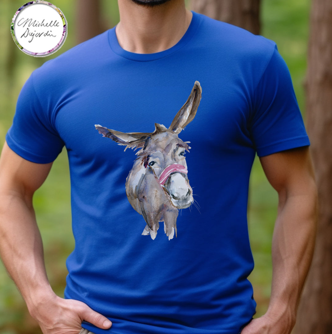 Bright blue t-shirt with donkey print by Michelle Dujardin