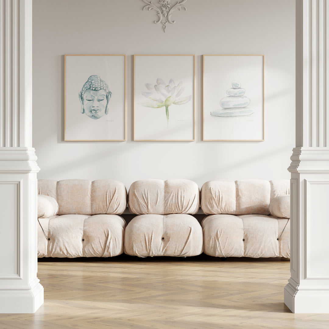 Serene interior with mindful art set with buddha, lotus and white stones by Michelle Dujardin