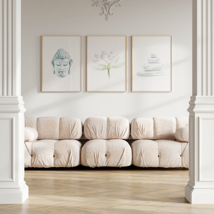 Serene interior with mindful art set with buddha, lotus and white stones by Michelle Dujardin