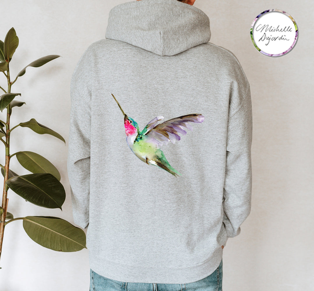 Grey hoodie with hummingbird art print by Michelle Dujardin