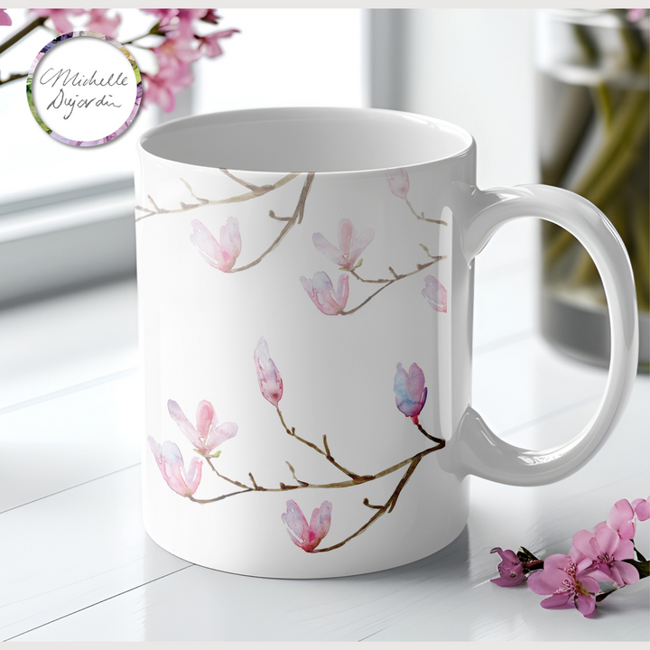 Magnolia Watercolor flower mug with text a moment of Zen by Michelle Dujardin