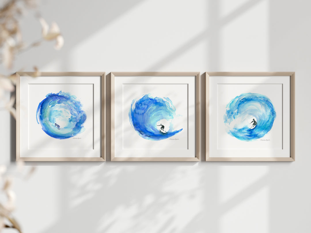 Blue wave surf watercolor art prints by Michelle Dujardin