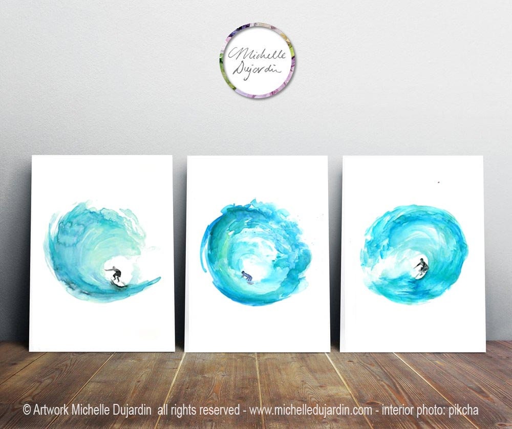 Teal Surf Art prints on stretched canvas watercolor paintings by Michelle Dujardin