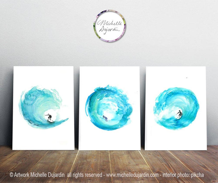 Teal Surf Art prints on stretched canvas watercolor paintings by Michelle Dujardin