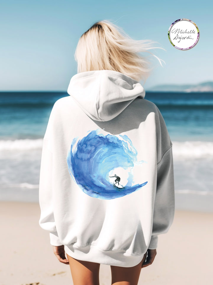 Surf hoodie for women with surfer and wave watercolor illustration by Michelle Dujardin