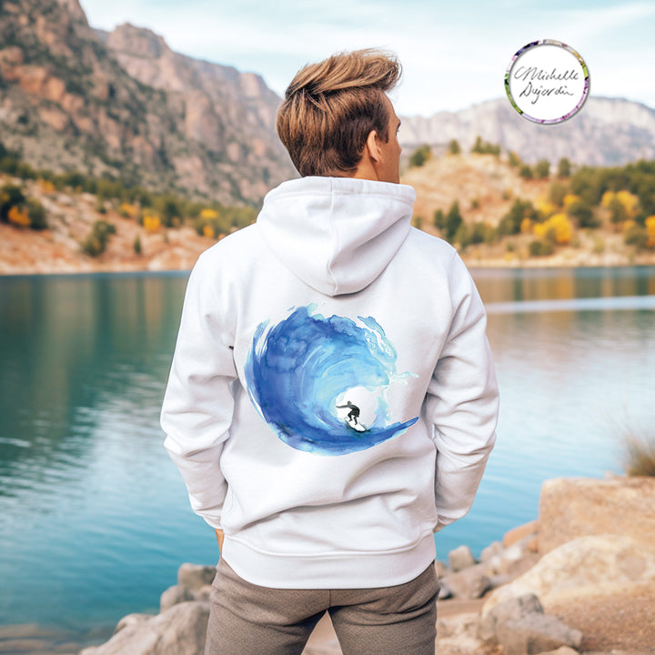 Sporty surf hoodie with wave watercolor and surfer illustration on the back