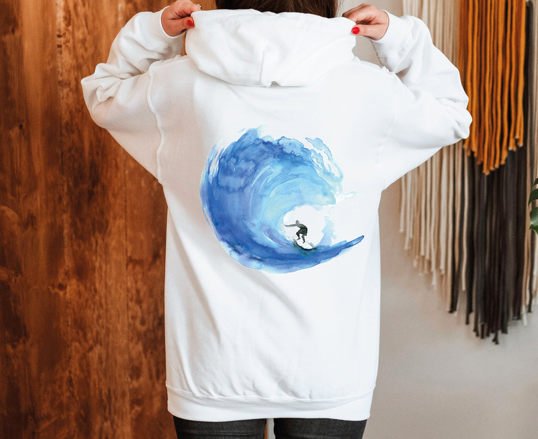 Surfkleding voor dames hoodie met surfer en golf illustratie op rug