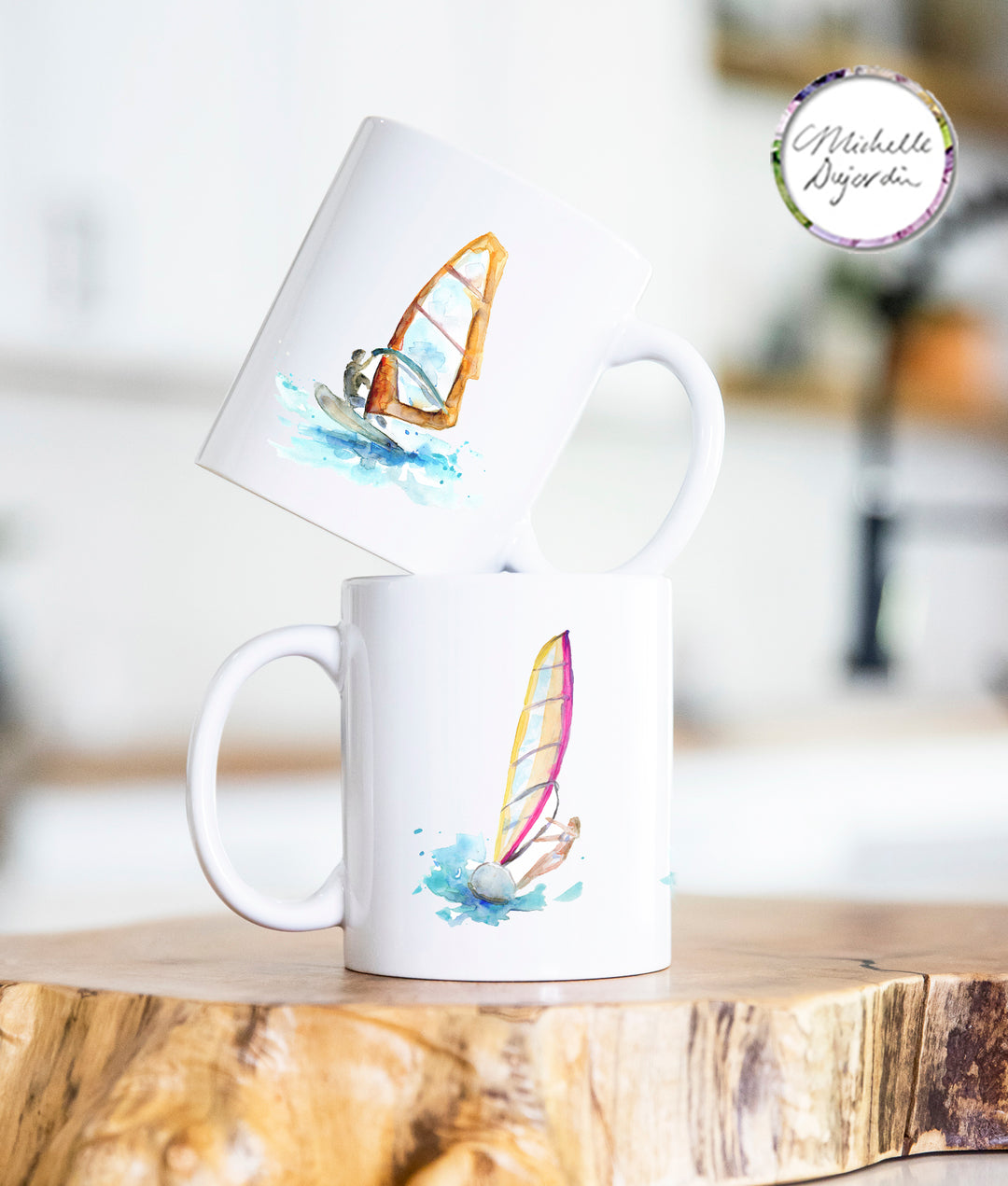 Surf koffiemok met windsurf illustraties van Michelle Dujardin