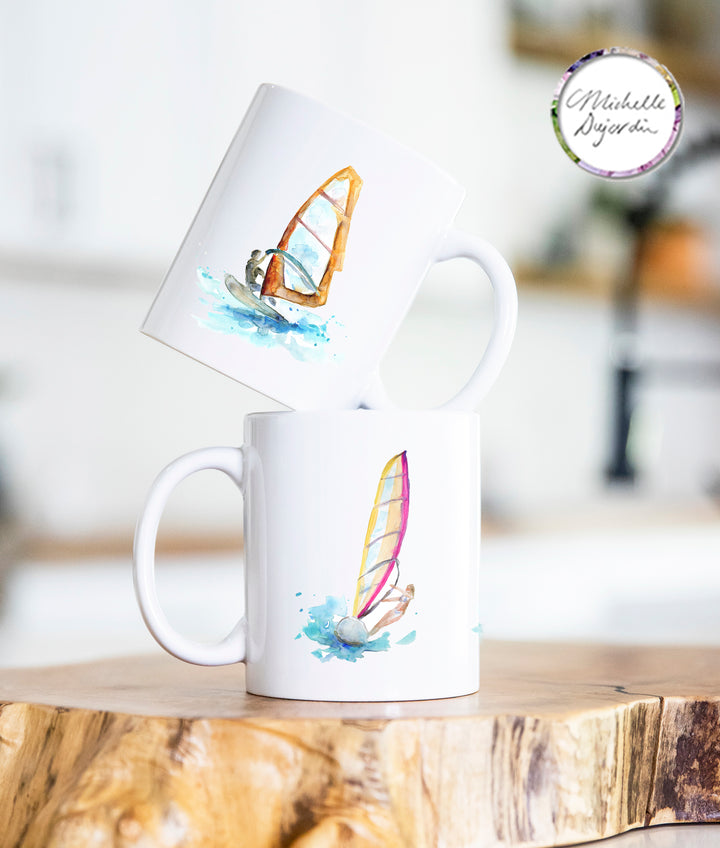 Surf koffiemok met windsurf illustraties van Michelle Dujardin
