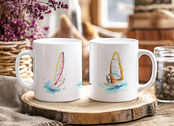 Colorful watercolor surfboard illustrations on a mug