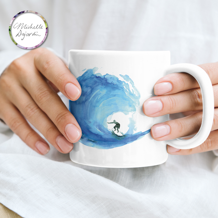 Blue wave and surfer watercolor on coffee mug by Michelle Dujardin