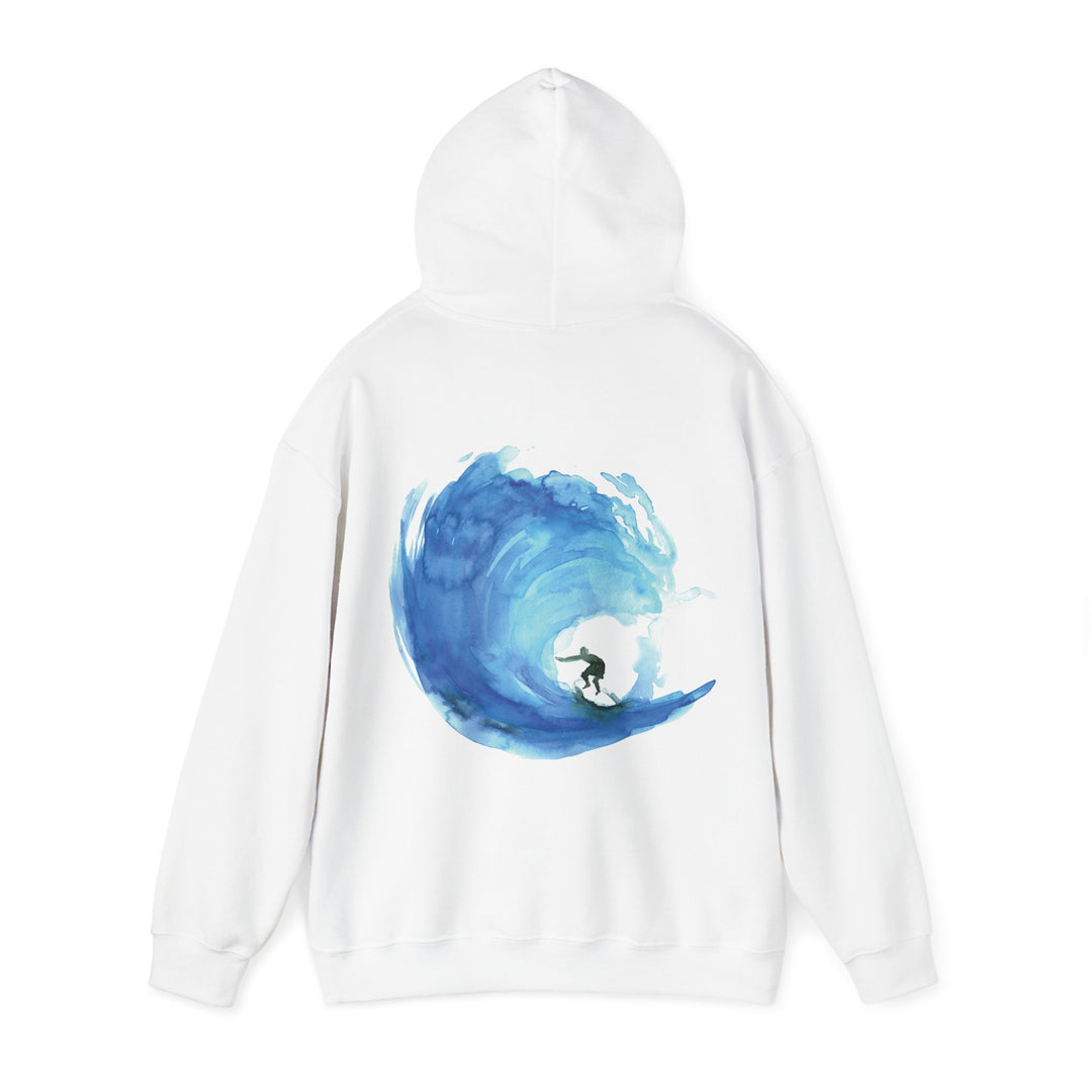 Unisex White hoodie for surfers with surfing art by Michelle Dujardin