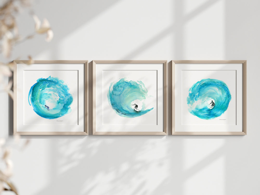 Teal watercolor waves with surfers framed in square frames by Michelle Dujardin