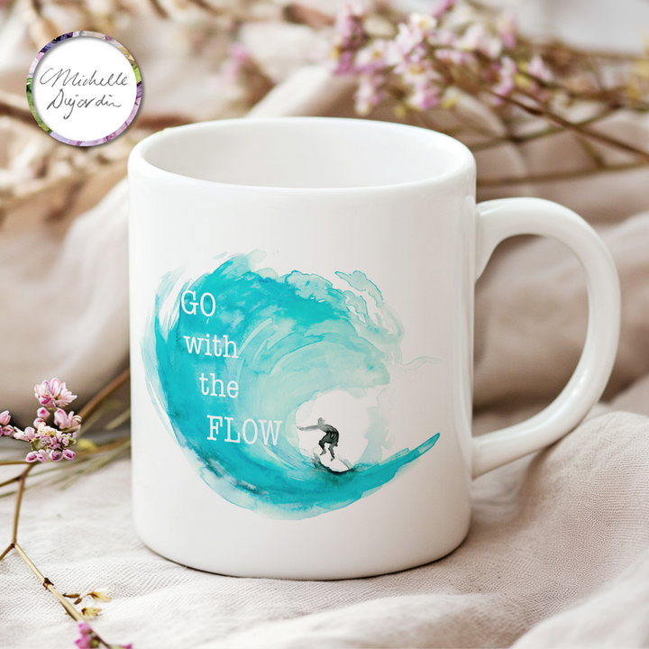 Teal ocean wave watercolor wave and surfer mug with text 'go with the flow'