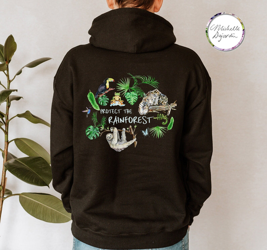 Hoodie with sloth, jaguar, toucan, hummingbird, frog and blue morphe butterfly