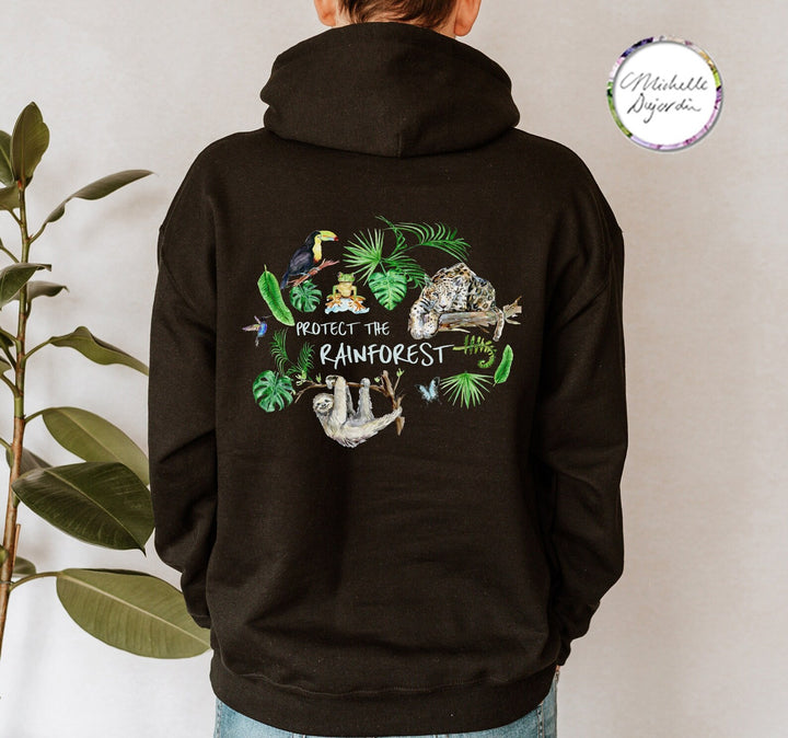 Hoodie with sloth, jaguar, toucan, hummingbird, frog and blue morphe butterfly