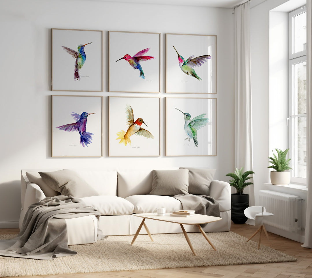 Set van 6 prints van vliegende kolibrie schilderijen van Michelle Dujardin