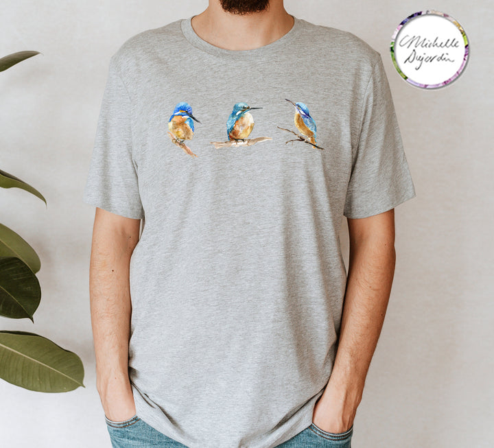 Grijs t-shirt met ijsvogels geschilderd door Michelle Dujardin