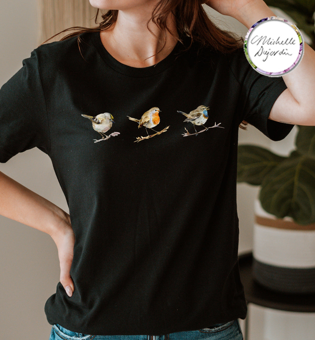 Zwart t-shirt met 3 kleine vogel illustraties van Michelle Dujardin