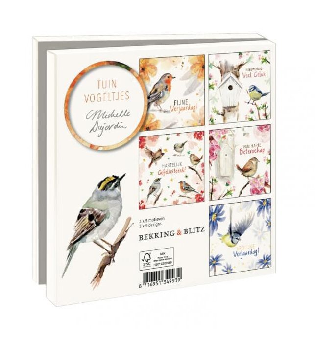 Achterzijde van het mapje tuinvogels wenskaarten