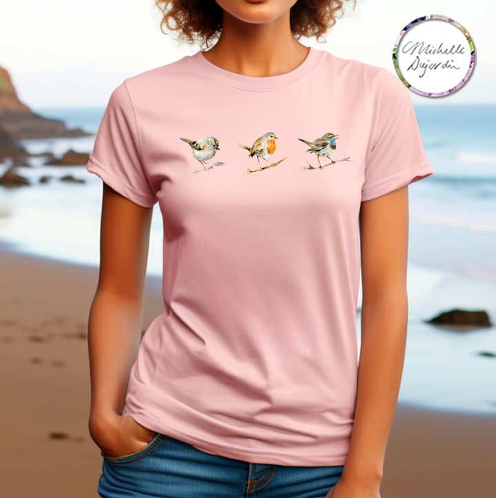 T- shirt with red robin, bluethroat and goldcrest bird art