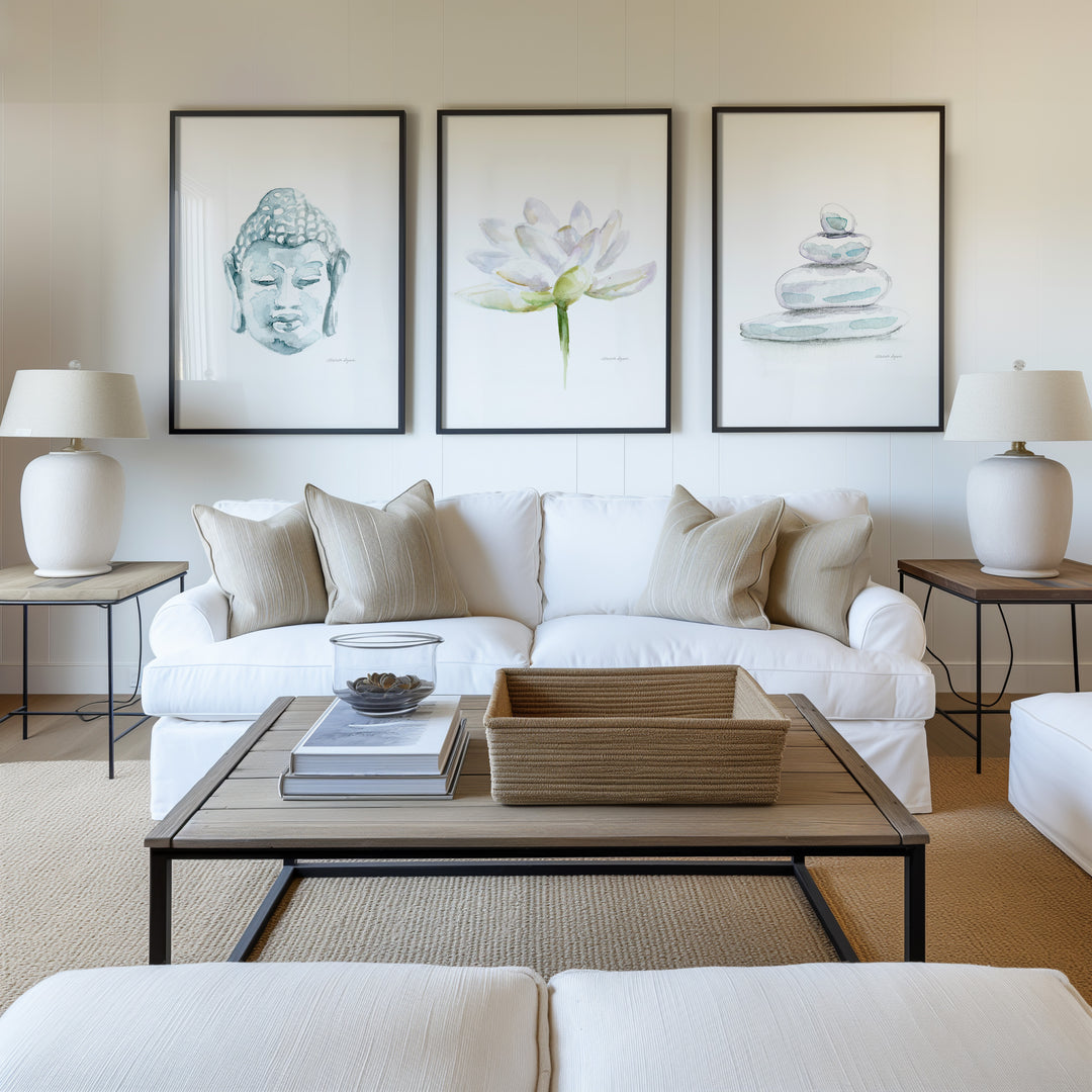 White lotus and Buddha art prints in a natural interior with black frames