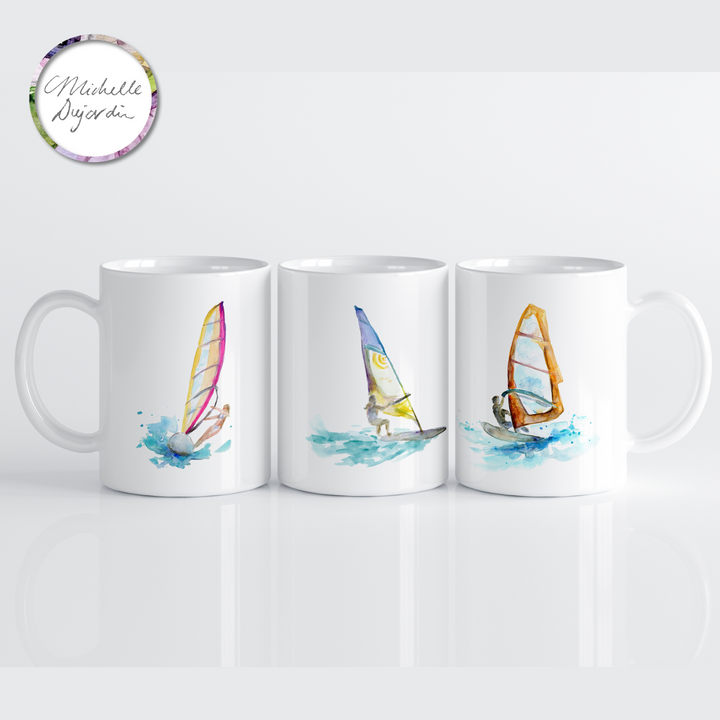 Surf art mug with watercolor illustrations by Michelle Dujardin