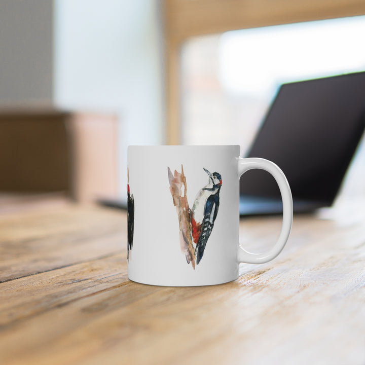 Woodpecker art print on ceramic coffee mug