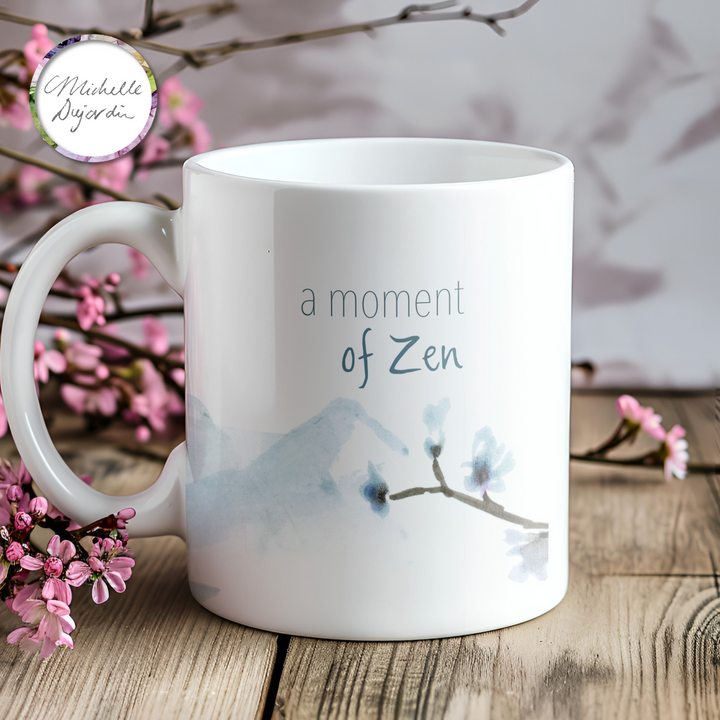 Mountains sumi-e mug with Zen theme by Michelle Dujardin