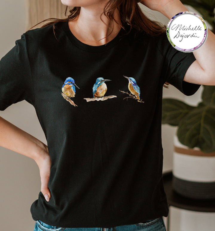 Black t-shirt with kingfishers watercolor paintings by Michelle Dujardin