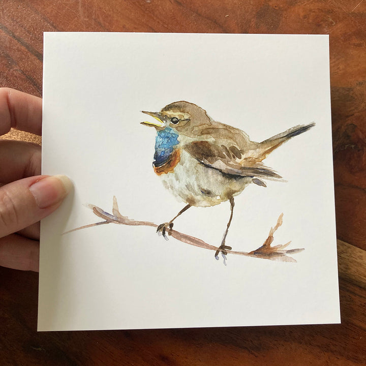 Wenskaart met schilderij an een blauwborst van Michelle Dujardin