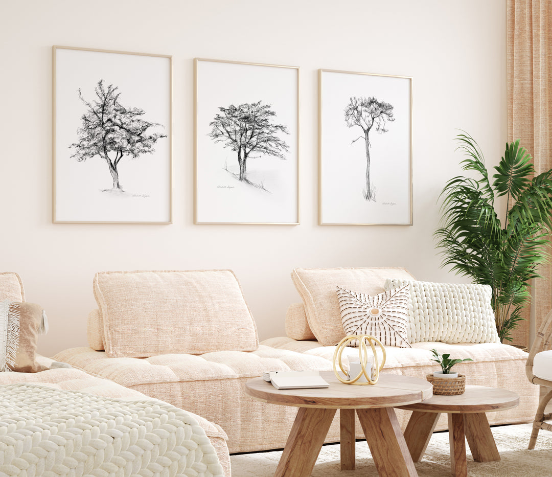 Set of 3 tree Zen drawings in pencil