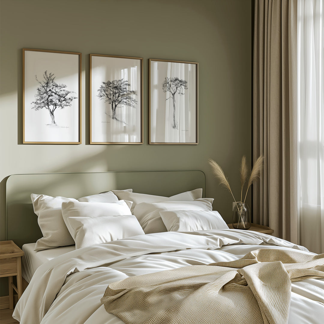 Set of 3 tree Zen drawings in pencil