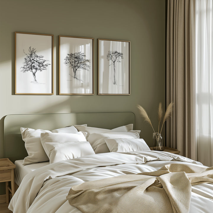 Set of 3 tree Zen drawings in pencil