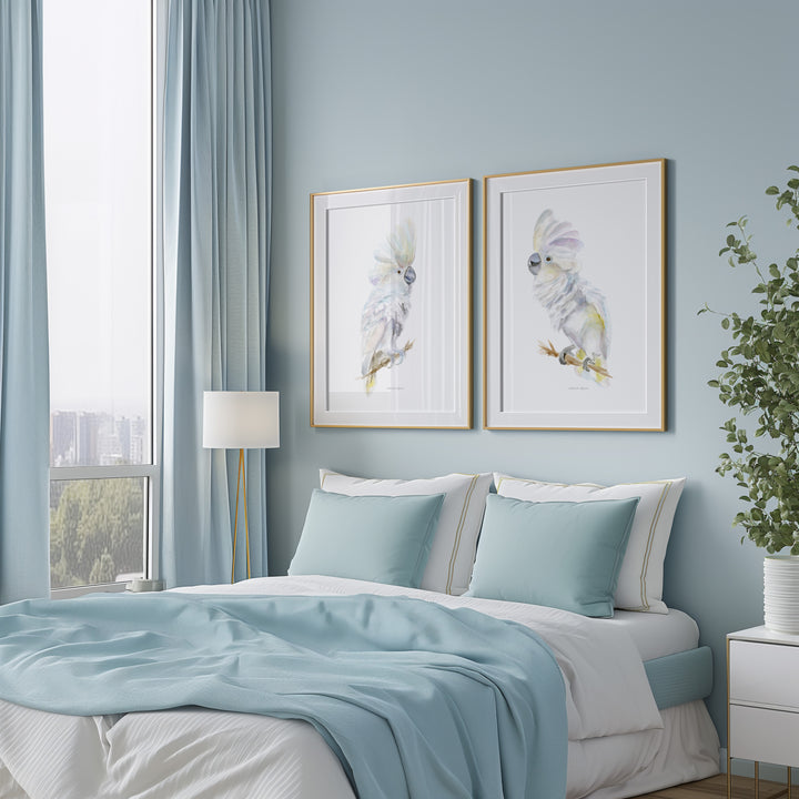 Set of 2 white cockatoo watercolor prints