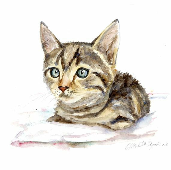 Custom watercolor painting of a grey cat by Michelle Dujardin