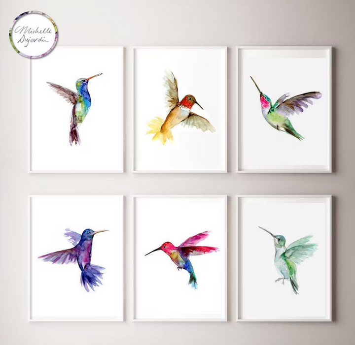 Set of 6 art prints of flying hummingbirds by Michelle Dujardin