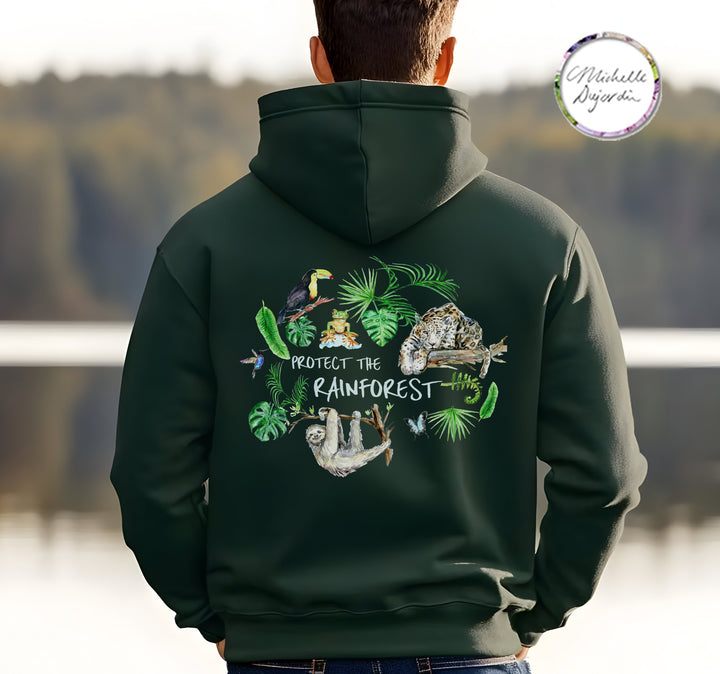 Protect the rainforest Hoodie in color forest green Gildan 18500