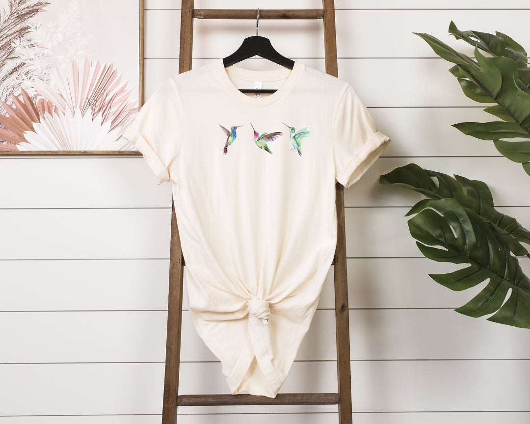 natural white shirt with hummingbird watercolors by Michelle Dujardin