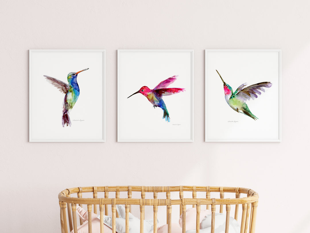 Set of 3 blue green and pink Hummingbird Prints