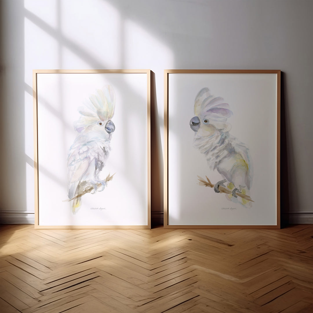 Set van 2 witte kaketoe aquarel schilderijen van michelle dujardin