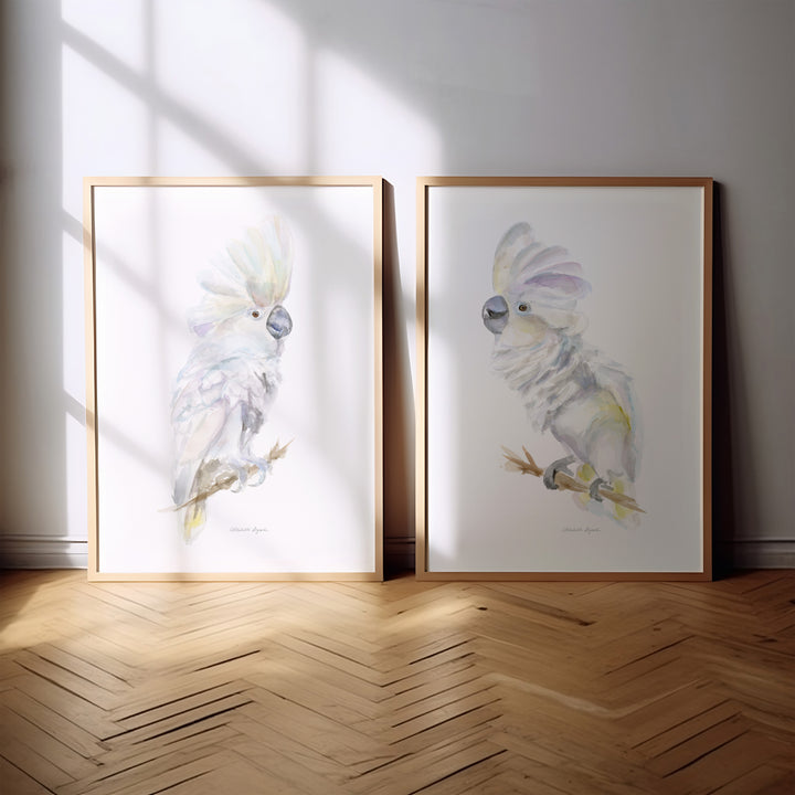 Set van 2 witte kaketoe aquarel schilderijen van michelle dujardin