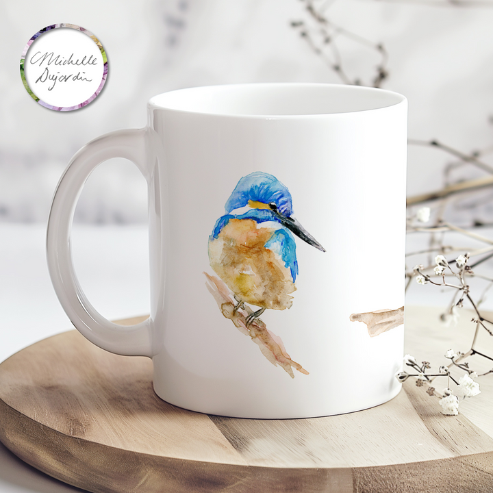 Ceramic mug with 3 kingfisher watercolors by Michelle Dujardin